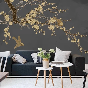 Custom Foto Tapetai Kinų Stiliaus 3D Gėlių Ir Paukščių Aukso Reljefinės Linijos Freskos Gyvenamasis Kambarys su Sofa-lova, TV Studija Papel De Parede 3D