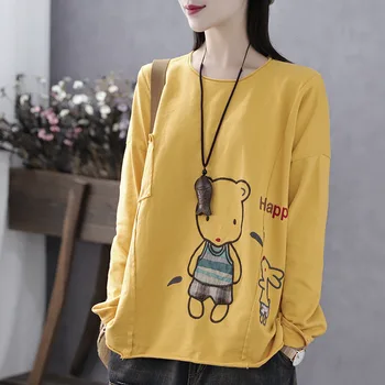 Derliaus Marškinėlius Moterims Korėja Stiliaus Animaciją Lokys Siuvinėjimo Kratinys Tee Office Lady Negabaritinių Long Sleeve Tee Atsitiktinis Viršūnes Tee