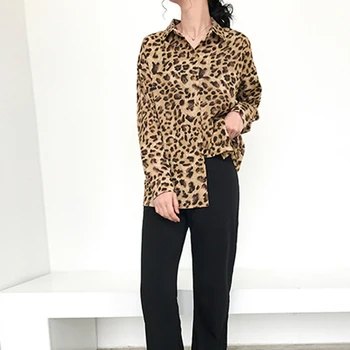 Derliaus Turn-žemyn Apykaklės Leopardas Spausdinti Moterų Palaidinė ir Viršūnių Elegantiškas Visą Rankovės Moterų Marškiniai blusas mujer de moda 2019 m. Rudenį