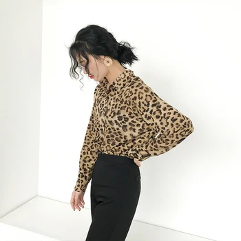 Derliaus Turn-žemyn Apykaklės Leopardas Spausdinti Moterų Palaidinė ir Viršūnių Elegantiškas Visą Rankovės Moterų Marškiniai blusas mujer de moda 2019 m. Rudenį