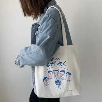 Didelis Moterų Canvas Tote Maišą Japonų Animacinių Filmų Medvilnės Audinio Spausdinimo Pirkinių Krepšiai, Sulankstomas Moterų Rankinės Ekologinio Daugkartinio Naudojimo Shopper Bag
