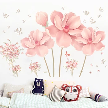 Didelių 3D Pink Gėlių Sienų Lipdukai Romantiškas Gėlių Namų Dekoro, Miegamojo Kambarį 