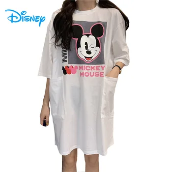 Disney Mickey Mouse Shift Suknelė Moterims Lady Merginos Vasarą, O-Kaklo Trumpomis Rankovėmis Didelis Kišenėje Atsitiktinis Palaidų Mini Suknelė Ilgai Pykti 3 Spalvos