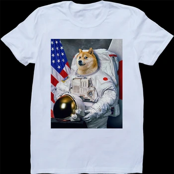 Doge Astronautas Juokingi VYRIŠKI Baltos spalvos, Pagamintas T-Shirt Retro Tee Marškinėliai
