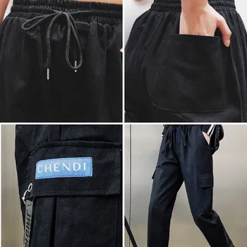 DONAMOL Plius Dydis Vintage black krovinių kelnės moterims kišenę laisvus baggy haremas elastinga ziajać Siuvinėjimo apdailos Laisvalaikio Kelnės