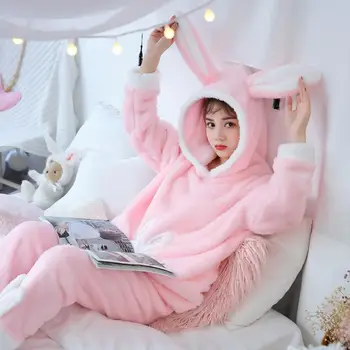 Dormxion Rudens Žiemos Moterys Pižamos Rinkiniai pižama Sleepwear Kostiumas Storas Šiltas Koralų Flanelė pižamą Moterų Animacinių filmų Gyvūnų
