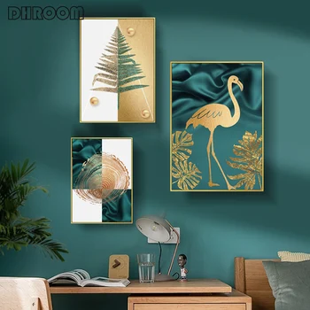 Drobė, Tapyba Šviesa Prabanga Aukso Augalų Modernus Minimalistinis Flamingo Plakatai ir Spausdinimo Abstraktus Šiaurės Dekoratyvinės Sienų Nuotrauką