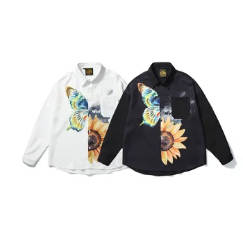 Drugelis Daisy Gėlių Spausdinti ilgomis Rankovėmis Marškinėliai Streetwear 2020 M. Rudenį Harajuku Hip-Hop Laisvi Marškinėliai Topai Juoda Balta WY151