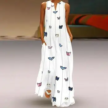 Drugelis Spausdinti Maxi Suknelė Moterims Seksualus Rankovių Atsitiktinis Ilga Suknelė 2019 M. Vasarą kišenėje Elegantiškas Baltas Paplūdimio Suknelės Plius Dydžio 5XL