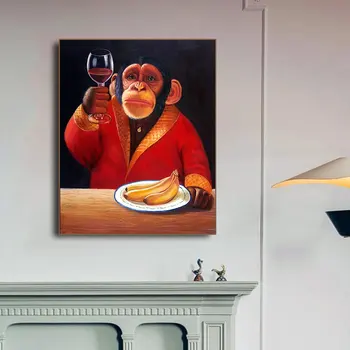 Džentelmenas Beždžionė su Vyno Stiklo Drobės Tapybos Sienos Meno Bananų Plakatai ir Spausdina Gorila Drabužius, Nuotraukas, už Kambarį