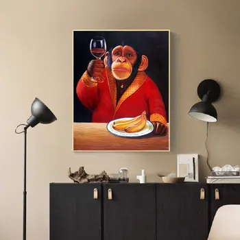 Džentelmenas Beždžionė su Vyno Stiklo Drobės Tapybos Sienos Meno Bananų Plakatai ir Spausdina Gorila Drabužius, Nuotraukas, už Kambarį