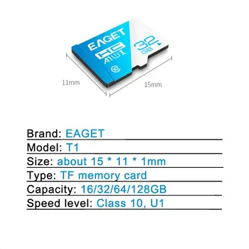 EAGET T1 Micro SD Kortelė 32GB 64GB 128 GB TF Kortele Aukštos kokybės sandėliavimo žetonų Micro sd kortelės Class10 Atminties, Microsd TF/SD Kortelę