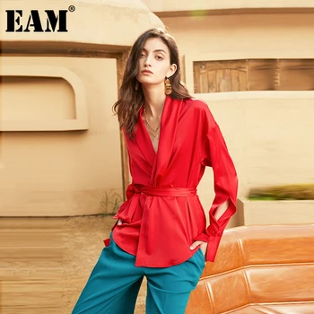 [EAM] Moterys Raudona Tvarstis Padalinti Bendrą Temperamentas Nauja Palaidinė V formos apykakle ilgomis Rankovėmis Laisvi Marškinėliai Mados Pavasario Rudens 2021 1DA646