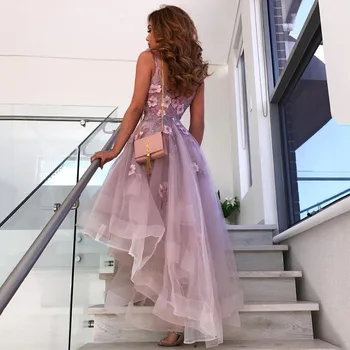 Eightree Levandų Trumpas Prom Dresses V Kaklo Nėrinių 3D Appliques Vakare Šalies Suknelės Rankovių Aukštas Žemas Vakaro Suknelės