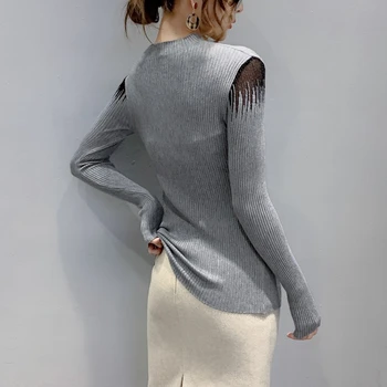 Elegantiškas Ilgomis Rankovėmis Žiemos Megztiniai Moterų 2020 M. Mados Atsitiktinis Tuščiaviduriai Iš Megztų Megztinių Moterims Korėjos Drabužių Baltas Megztinis
