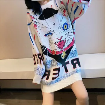 Elegantiškas Megztinis Moterims Prabangos Prekės kurti Naujų Animacinių filmų Katės Anime Laišką Žakardo Vidutinio ilgio Laisvas Megztinis Megztinis Sueter Mujer