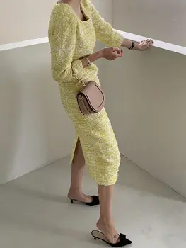 Elegantiškas Temperamentas OLIS prancūzijos Šviesą Slim Kvadratinių Kaklo Padalinta Tvido Suknelė Moterims Tiesiai Trys Ketvirtį Rankovės