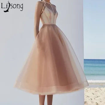 Elegantiškas Šampanas Trumpas Prom Dresses 2018 Aukštos Kokybės Arbatos Ilgio Linija Organza Merginos Homecoming Suknelė Pigūs Custom Made
