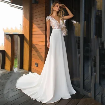 Elegantiškas Šifono V-kaklo-line Vestuvių Suknelės 2021 Boho Vestuvinės Suknelės Backless Vestido de noiva Plius dydis Nėrinių Ilgai Nuotakos Suknelė