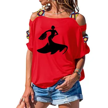 Flamenko Šokių Cartoon Moteris Šokėja Siluetas Spausdinti Tee marškinėliai Moterims Viršų trumpomis Rankovėmis Moteriška Seksualus Tuščiaviduriai Iš Peties marškinėliai