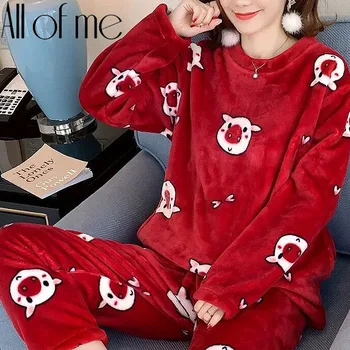 Flanelė Pižama Nustatyti Moterų Žiemą Šiltas Homewear Sleepwear Pliušinis Pižamos Girls Cartoon Pižamą Moterų Pijamas Mujer Namų Kostiumai