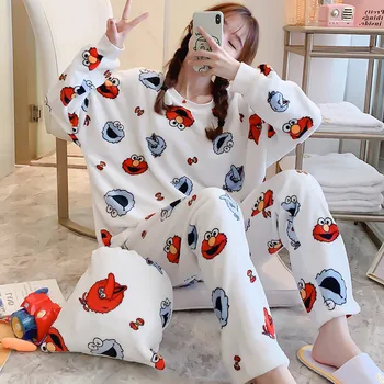Flanelė Pižama Nustatyti Moterų Žiemą Šiltas Homewear Sleepwear Pliušinis Pižamos Girls Cartoon Pižamą Moterų Pijamas Mujer Namų Kostiumai