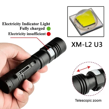FX-DZ501301 LED Žibintuvėlis XM-L2 U3 Micro USB Įkraunamas žibintuvėlis Zoomable 5 Režimų jungiklis Aliuminio Lanterna žibintuvėlį, Fakelą