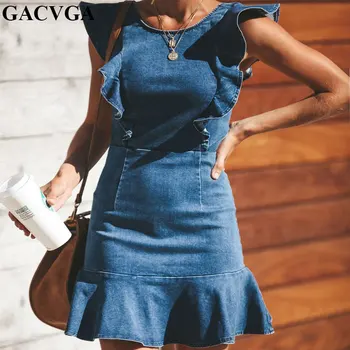 GACVGA 2020 Raukiniai Džinsai Suknelė Imperijos Derliaus Moterų Vasaros Suknelė Seksualus Ponios Džinsinio Mini Suknelės, Šaliai, Vestidos