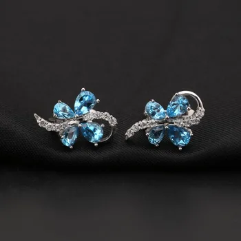 GEM BALETO Gamtos Šveicarijos Mėlynas Topazas Brangakmenio Auskarai 925 Sterlingas Sidabro Įrašą Auskarai Moterims Vestuvių Fine Jewelry