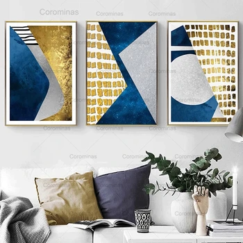 Geometrinis Mėlyna Drobės Aukso Abstrakčios Tapybos Plakatai ir Spausdina Šiaurės Stiliaus Nuotraukų Kambarį Šiuolaikinių Namų Puošybai