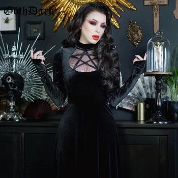 Goth Tamsiai Vintage Aksomo Gotikos Suknelės Elegantiška Juoda Plyšine Hem Seksualus Ilgomis Rankovėmis Moterims Midi Suknelė Tuščiaviduriai Iš Puoštas Vakaro Drabužiai