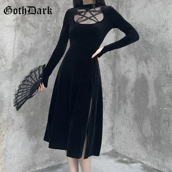 Goth Tamsiai Vintage Aksomo Gotikos Suknelės Elegantiška Juoda Plyšine Hem Seksualus Ilgomis Rankovėmis Moterims Midi Suknelė Tuščiaviduriai Iš Puoštas Vakaro Drabužiai