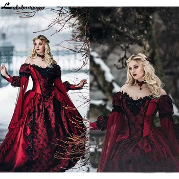 Gotikinės Viduramžių Bordo ir Juodos spalvos Vestuvinė Suknelė ilgomis Rankovėmis Nėrinių Appliques Viktorijos Maskuotis Nuotakos Suknelė