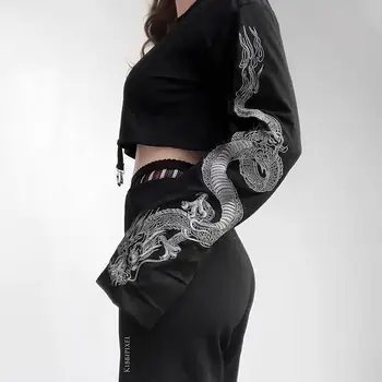Gotikos Hoodies Moterų 2020 M. Rudenį Dragon Spausdinti Mados Moterų Palaidinukė Ilgomis Rankovėmis Seksualus Megztinis Streetwear Pasėlių Viršuje Hoodie