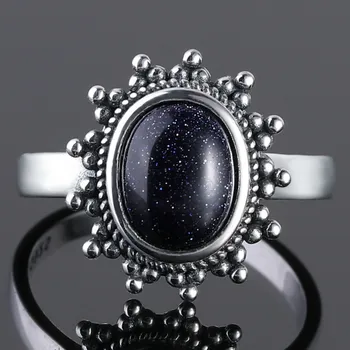 Gryno Sidabro Žiedas Naujas Klasikinis Mėlynos spalvos Smiltainio Akmuo Žąsų Akmens Žiedas, 7x9 Europoje Retro Tailando Sidabro Perdėti