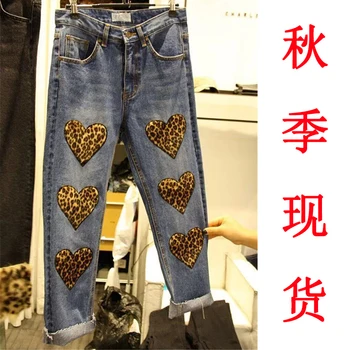 Han Guodong durų naujas žiemos mados leopard meilės moterų joker straight edge šlifavimo džinsai kelnės
