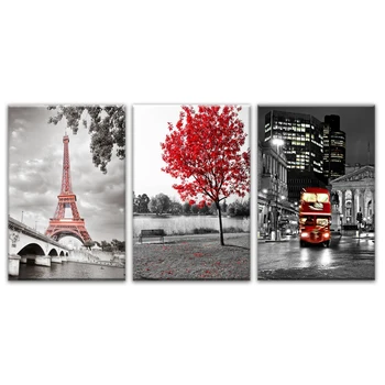 HD Spaudinių Paveikslų Sienos Menas Sistema 3 Gabalus Paryžiaus Eifelio Bokštas Nuotraukas Drobė Namų Dekoro Raudonas Automobilis Autobusų Raudona Klevo Medžio Plakatas