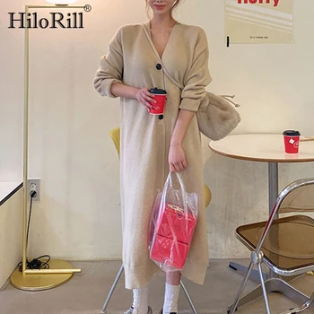 HiloRill Korėjos Prašmatnus V Kaklo Megzti Suknelę Moteris Prarasti Atsitiktinis Ilgomis Rankovėmis Megztinis Dressses 2020 Elegantiška, Ilga Suknelė Vestidos