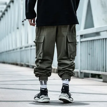 Hip-Hop Bėgiojimas Pants Mens Multi-kišenės, Elastinga Juosmens Haremo Kelnės Vyrų Streetwear Punk Kelnės Aukštos Kokybės Tactical Kelnes Vyrams