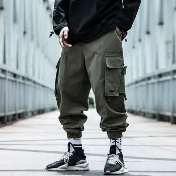 Hip-Hop Bėgiojimas Pants Mens Multi-kišenės, Elastinga Juosmens Haremo Kelnės Vyrų Streetwear Punk Kelnės Aukštos Kokybės Tactical Kelnes Vyrams