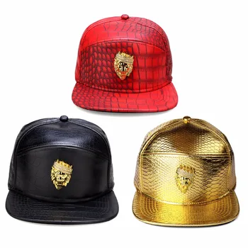 Hip-Hop Karūna Lion Head Logotipas PU Odos Beisbolo kepuraitę Rap 5 Skydelis Metalo Atsitiktinis Diržo Sagtis Snapback Skrybėlės Vyrai Juodas Raudonas Auksas