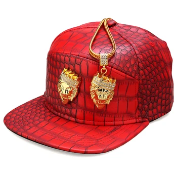 Hip-Hop Karūna Lion Head Logotipas PU Odos Beisbolo kepuraitę Rap 5 Skydelis Metalo Atsitiktinis Diržo Sagtis Snapback Skrybėlės Vyrai Juodas Raudonas Auksas