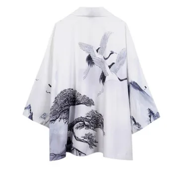 Hip-Hop Vyrų Streetwear Kimono Pušis Krano Spausdinimo Balta Harajuku Kimono Apranga Japonijos Vyrų Rudens Plona Suknelė Japonija Stilius