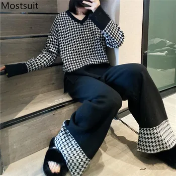 Houndstooth Megztinių Moterims Dviejų dalių Komplektas 2021 M. Pavasario V-kaklo Džemperis + Platus Kojų Kelnės Komplektus Mados Elegantiška Vintage Moteris Rinkinys