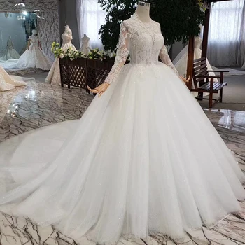 HTL362 musulmonų kamuolys suknelė Vestuvių Suknelės 2020 m. su ilgomis rankovėmis, O-kaklo grindų ilgis grožio vestuvių suknelė vestuvių suknelės, pvz., baltas