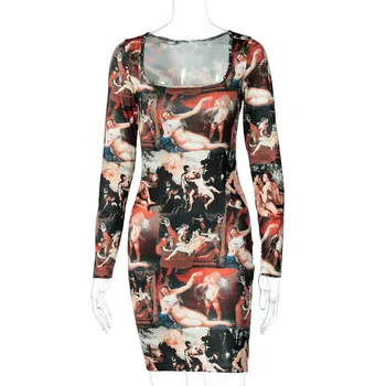 Hugcitar 2020 m. derliaus spausdinimo ilgomis rankovėmis aikštėje apykaklės seksuali mini suknelė rudens žiemos moterys bodycon šalis suknelė streetwear