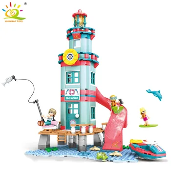 HUIQIBAO 282Pcs Miesto Mergina Paplūdimio Gelbėtojų Namelis Švyturio Statyba Blokai Draugais Duomenys Vandens Valtis Žvejybai Skaidrių Plytos Vaikų Žaislai