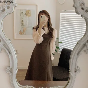 Ilgas Prašmatnus Vestidos Fasion Moterų Mielas Rankovių Suknelės Saldus Japonų Korėjiečių Preppy Stiliaus Merginos Linijos Slydimo Marškinėliai Suknelė