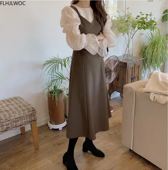 Ilgas Prašmatnus Vestidos Fasion Moterų Mielas Rankovių Suknelės Saldus Japonų Korėjiečių Preppy Stiliaus Merginos Linijos Slydimo Marškinėliai Suknelė