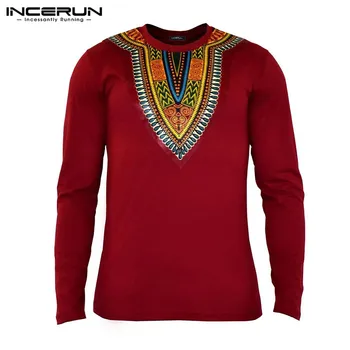 INCERUN T-Shirt Afrikos vyriški T-Shirt Etninės Stiliaus 2021 vyriški ilgomis Rankovėmis Apvalios Kaklo Spausdinti Street Chic Naujas Prarasti Atsitiktinis Marškinėliai